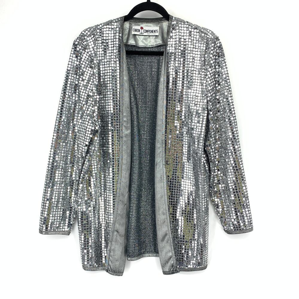 Caron Components Cardigan Womens Large Silver Sequin Metallic Knit Open Front